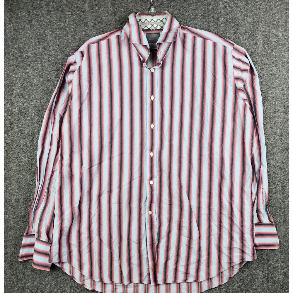 Thomas Dean Button Down Shirt Mens XL Red Navy White Striped Long Sleeve Cotton